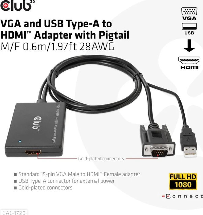 Club 3D aktiver Adapter, VGA/USB-A Stecker auf HDMI Buchse