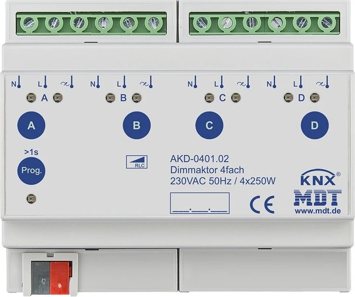 MDT Dimmaktor AKD 4-fach, 6TE REG, 230V/250W und Wirkleistungsmessung