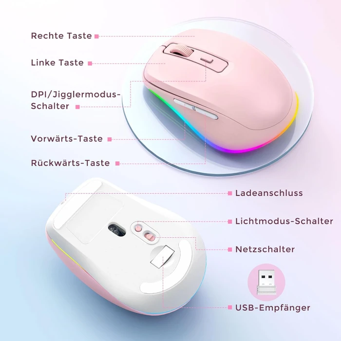 Seenda Rechargeable Wireless RGB Mouse mit Jiggler-Funktion, rosa, USB