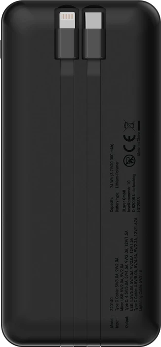 XLayer Powerbank mit zwei integrierten Kabeln 20000mAh schwarz