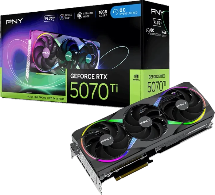 PNY GeForce RTX 5070 Ti Epic-X RGB Overclocked Triple Fan Plus, 16GB GDDR7, HDMI, 3x DP