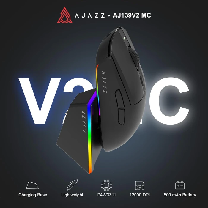 Ajazz AJ139 V2 MC Gaming Mouse mit Ladestation, schwarz, USB/Bluetooth