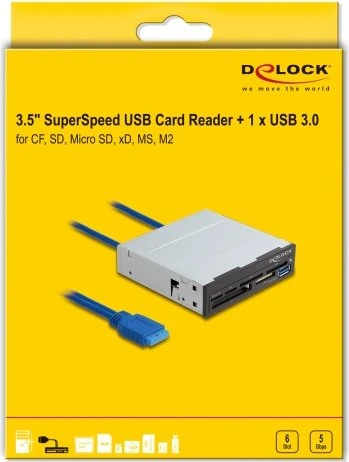 DeLOCK 3.5" 6 Slot + USB-A Multi-Slot-Cardreader, USB 3.0 19-Pin Stecksockel [Stecker]