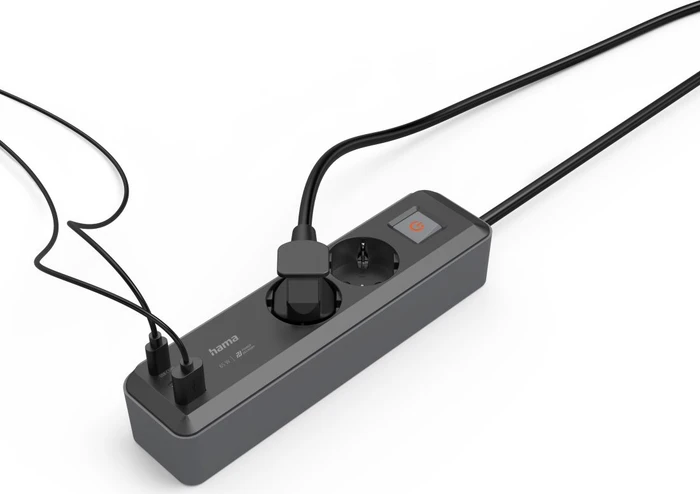 Hama Steckdosenleiste mit Schalter, 2-fach, 1x USB-A/2x USB-C 65W USB-PD, 1.4m, schwarz/grau