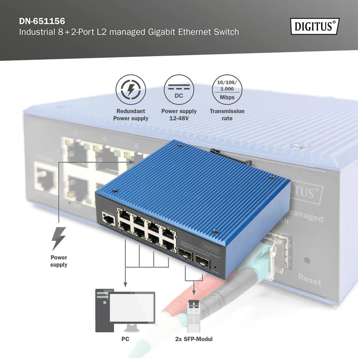 Digitus DN-65 Industrial Railmount Gigabit Managed Switch, 8x RJ-45, 2x SFP
