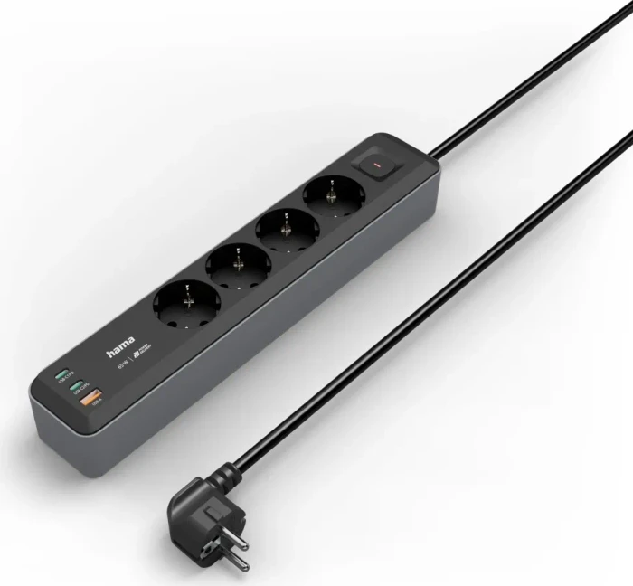 Hama Steckdosenleiste mit Schalter, 4-fach, 1x USB-A/2x USB-C 65W USB-PD, 1.4m, schwarz/grau