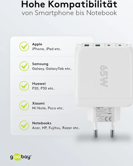 goobay 4-Port GaN Netzteil, USB-C/USB-A, 2x USB-C + 2x USB-A, 68W, weiß