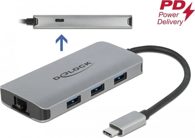 DeLOCK USB Hub mit PD, RJ-45, 4x USB-A 3.0, USB-C 3.0 [Stecker]