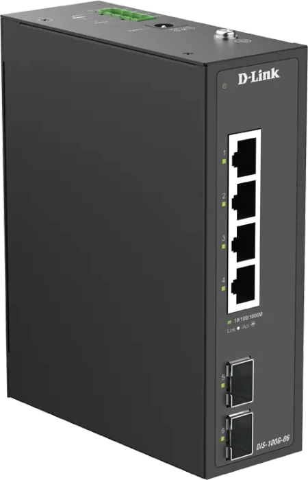 D-Link DIS-100G Industrial Railmount Gigabit Switch, 4x RJ-45, 2x SFP