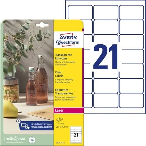 Avery-Zweckform Etiketten mit Spezialbeschichtung, 63.5x38.1mm, transparent, 25 Blatt (525 Etiketten)