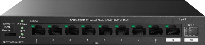 Tenda TEG1100 Desktop Gigabit Switch, 9x RJ-45, 1x SFP, 120W PoE+