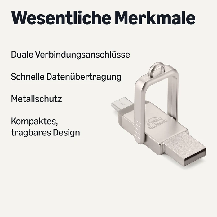 AmazonBasics Dual Thumb Drive Memory Stick 256GB Champagner-Silber, USB-A + USB-C, USB 3.2 Gen 1×1