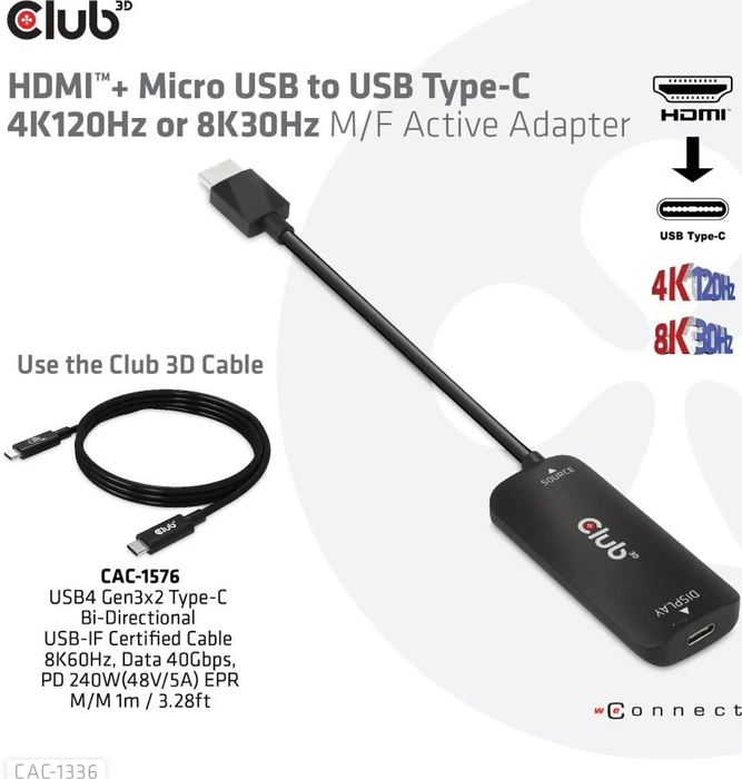 Club 3D HDMI 2.1 [Stecker] auf USB-C [Buchse] Adapterkabel, aktiv, schwarz