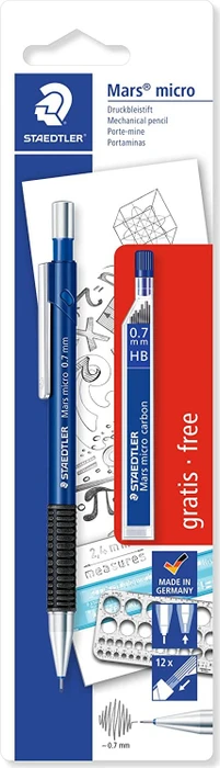 Staedtler Mars Micro 775 Druckbleistift B 0.7mm graphit, schwarz/blau, Radierer, 12 Minen