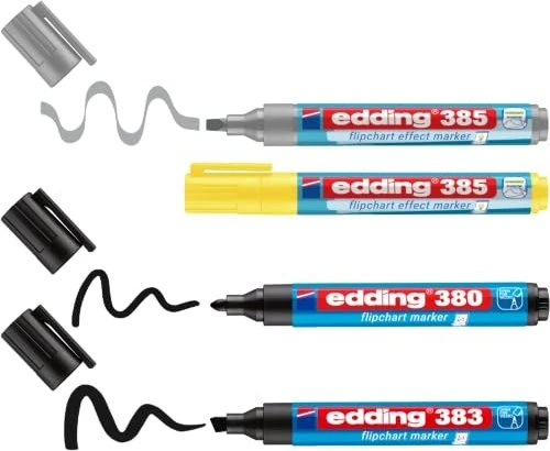 edding 380/383/385 Flipchartmarker schwarz/schwarz/gelb/silbergrau, 4er-Set