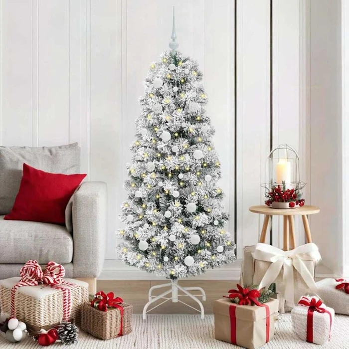vidaXL Künstlicher Weihnachtsbaum schlank mit Schnee, 150cm, inkl. LED-Beleuchtung