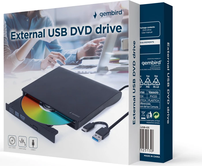 Gembird Externes USB-DVD-Laufwerk, SlimLine schwarz, USB-C 3.0/USB-A 3.0