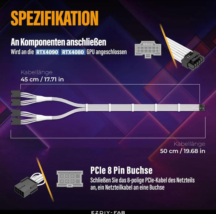 EZDIY-FAB 12VHPWR Kabel, 4x 8-Pin PCIe Buchse auf 16-Pin PCIe 5.0 12VHPWR Stecker, Adapterkabel, 16AWG, weiß/schwarz, 50cm