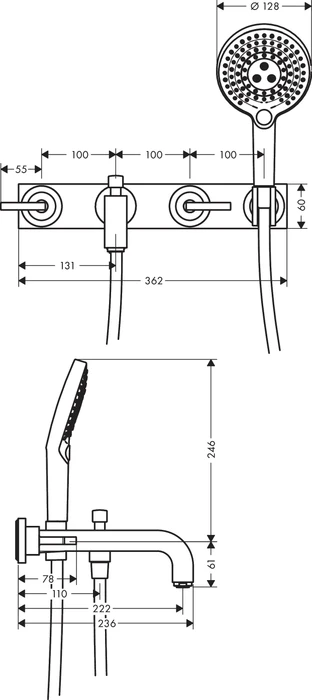Hansgrohe Axor Citterio 3-Loch Wannenkombination mit Hebelgriffen und Platte chrom
