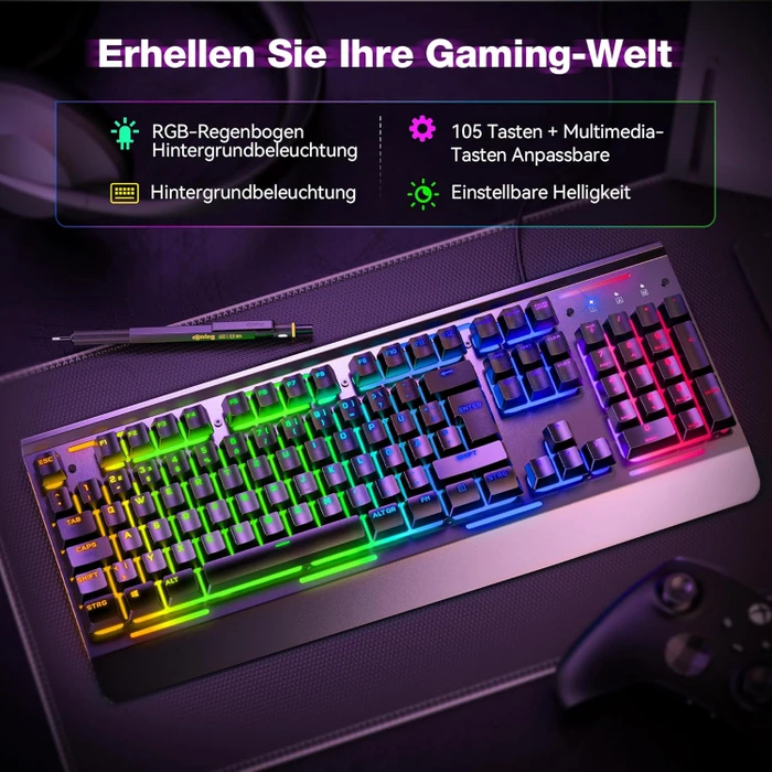TeckNet RGB Gaming Keyboard, schwarz, LEDs RGB, USB, DE