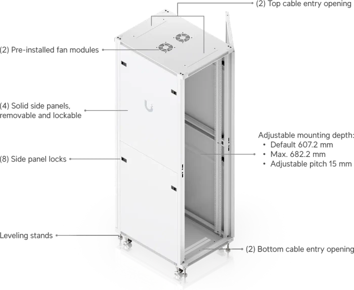 Ubiquiti 42U Rack Cabinet, 19" Rackschrank 42HE, mit Rollen, Glastür, weiß, 800mm tief