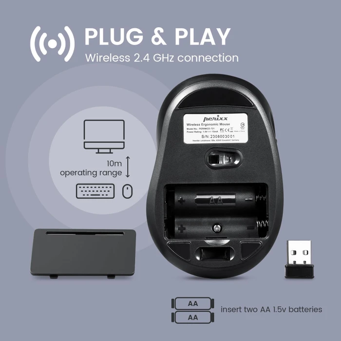 Perixx PERIMICE-721 WB Wireless Ergonomic Mouse schwarz/weiß, USB
