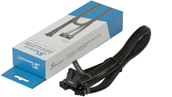 Seasonic 12VHPWR Cable, 600W PCIe 5.0 12VHPWR, 2x 8-Pin PCIe Stecker auf 16-Pin PCIe 5.0 12VHPWR Stecker, Adapterkabel, schwarz, 90° gewinkelt, 75cm