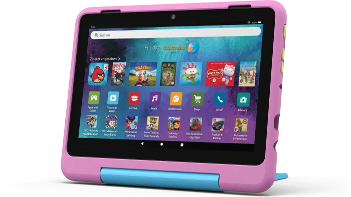 Amazon Fire HD 8 KFRAPWI 2024, ohne Werbung, rosa/blau, 32GB, Löwen-Design, Kids Pro Edition