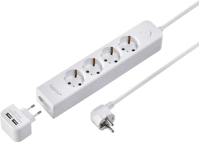 Sygonix Steckdosenleiste mit Schalter, 5-fach, mit abnehmbarem 2x USB-Ladegerät, 1.4m, weiß