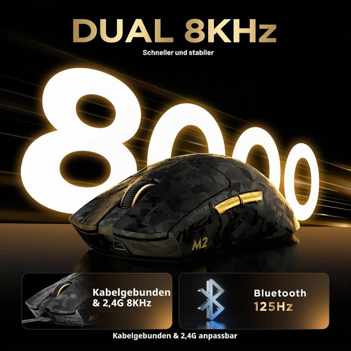 Yunzii M2 Dual 8K Custom Wireless Gaming Maus, schwarz/gold, USB/Bluetooth