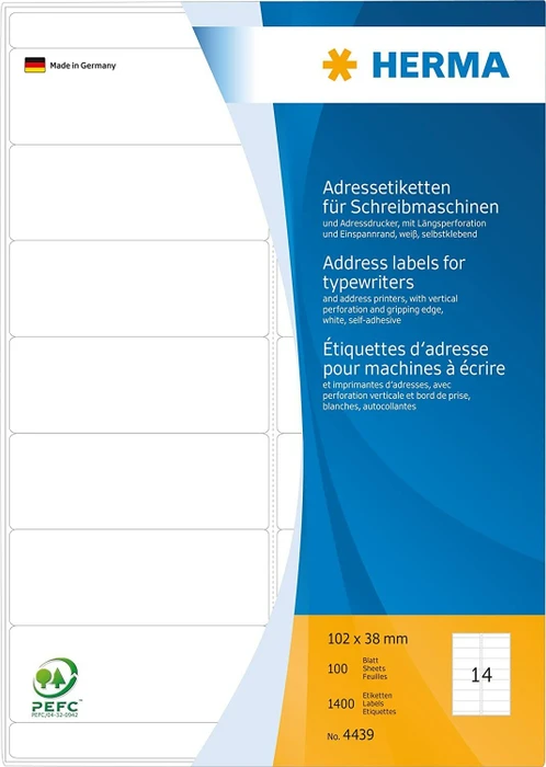 Herma Adressetiketten Schreibmaschine, 102x38mm, weiß, matt, 100 Blatt (1400 Etiketten)