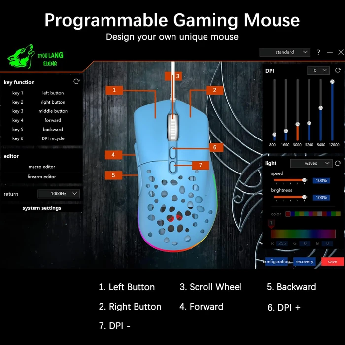 Ziyou Lang D19 RGB Gaming Mouse blau, USB