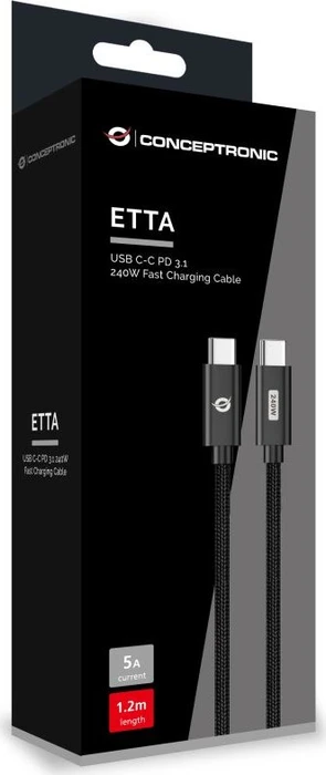 Conceptronic ETTA03B12 USB-C Kabel, USB 2.0, 480Mb/s, 240W PD 3.1, USB-C Stecker auf USB-C Stecker, schwarz, 1.2m