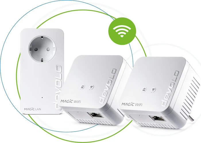 devolo Magic 1 WiFi Mini Multiroom Kit, FR-Region/Typ E, 2x Powerline/WLAN-Access Point und Powerline-Adapter Set, 3er-Bundle