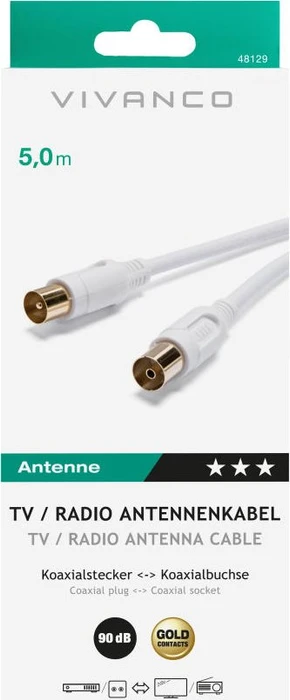 Vivanco Antennen-Kabel, Koax-Stecker - Koax-Kupplung, 90dB, 5m, weiß