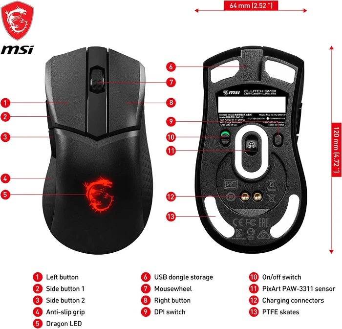 MSI Clutch GM31 Lightweight Wireless Gaming Mouse schwarz, USB