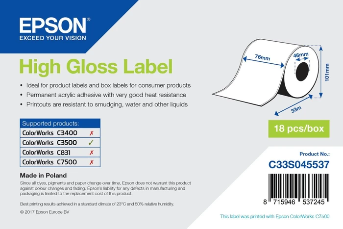 Epson Endlosetiketten High Gloss, 76mm, 33m, weiß, hochglänzend