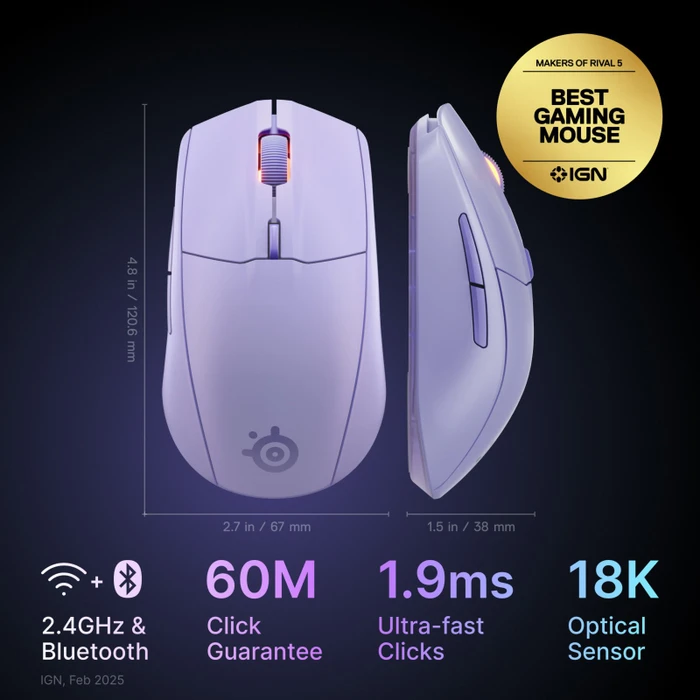 SteelSeries Rival 3 Wireless Gen 2, violett, USB/Bluetooth
