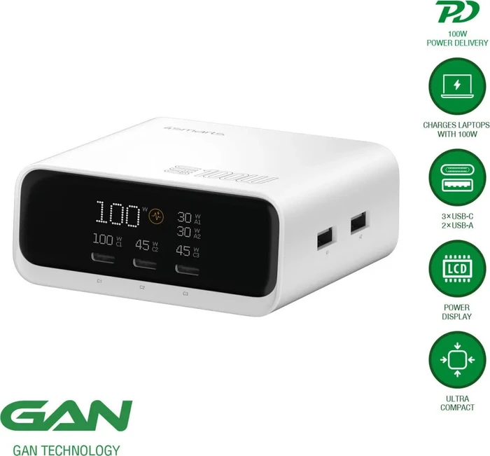 4smarts Desk Charger GaN Screen 100W weiß
