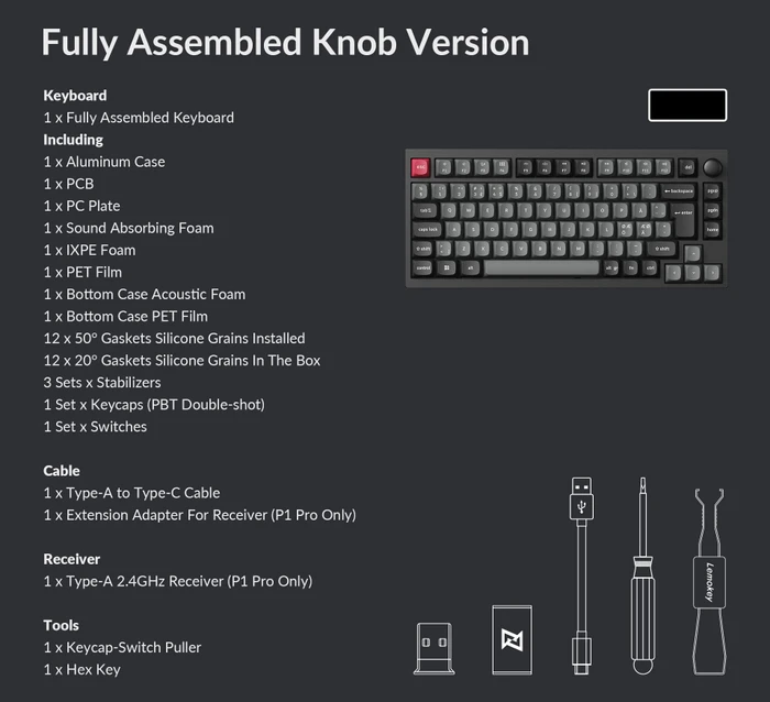 Keychron Lemokey P1 Pro, Carbon Black, 75%, LEDs RGB, Keychron Super BROWN, USB/Bluetooth, ND