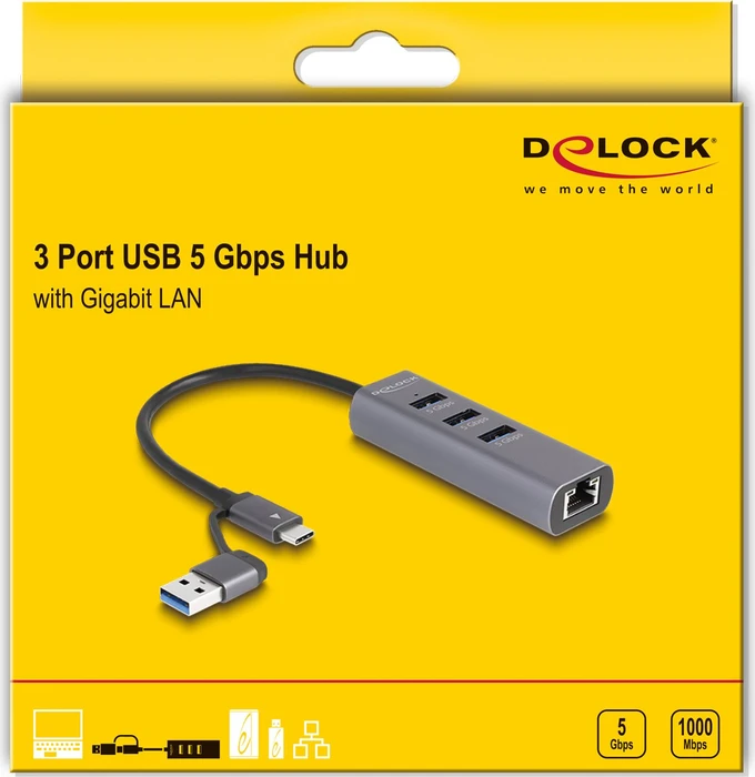 DeLOCK 3-Port USB-Hub mit Gigabit-LAN, USB-C 3.0 [Stecker]