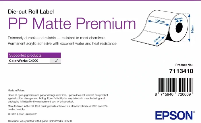 Epson Endlosetiketten PP Premium Matte Die-Cut Roll Label, 102x51mm, wetterfest, weiß, matt, 535 Etiketten (7113410)