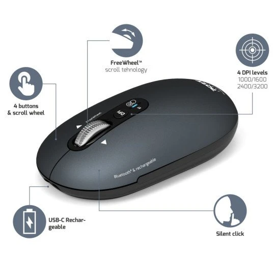 Port Designs Pure Color Bluetooth Rechargeable Mouse, Shadow grau, Bluetooth