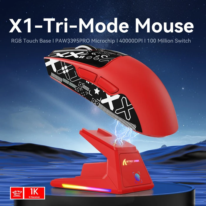 Attack Shark X1 Tri-mode Wireless Gaming Mouse mit Ladestation, rot, inkl. Grip Tape, USB/Bluetooth