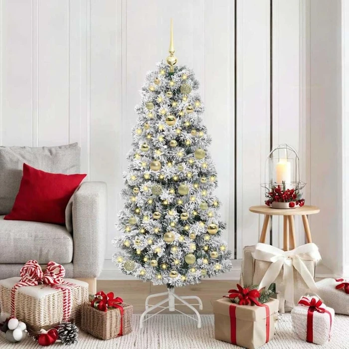 vidaXL Künstlicher Weihnachtsbaum schlank mit Schnee, 150cm, inkl. LED-Beleuchtung