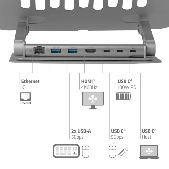 Club 3D Verstellbarer Laptop-Ständer aus Aluminium mit Hub, USB-C 3.0 [Buchse]