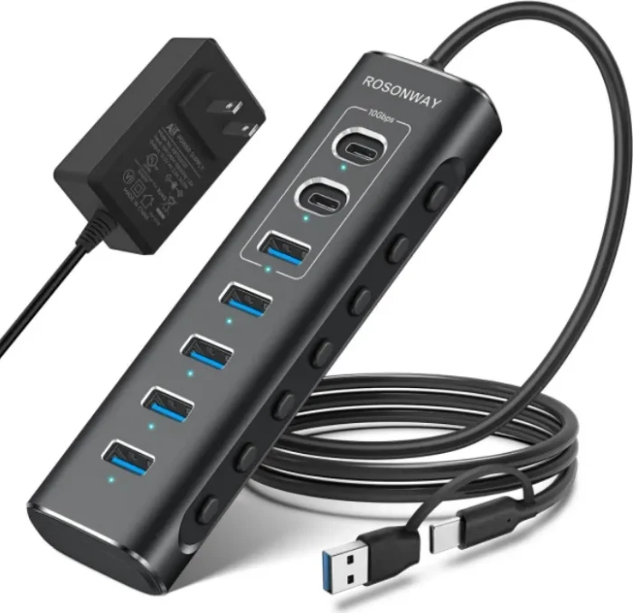 RSHTech 7 Port USB Hub mit Schalter und Netzteil, USB-C/USB-A 3.1 [Stecker]