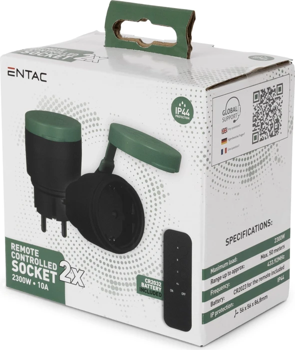 Entac Ferngesteuerte IP44-Steckdose, 2300W, Funksteckdose mit Strommessfunktion, 2er-Pack