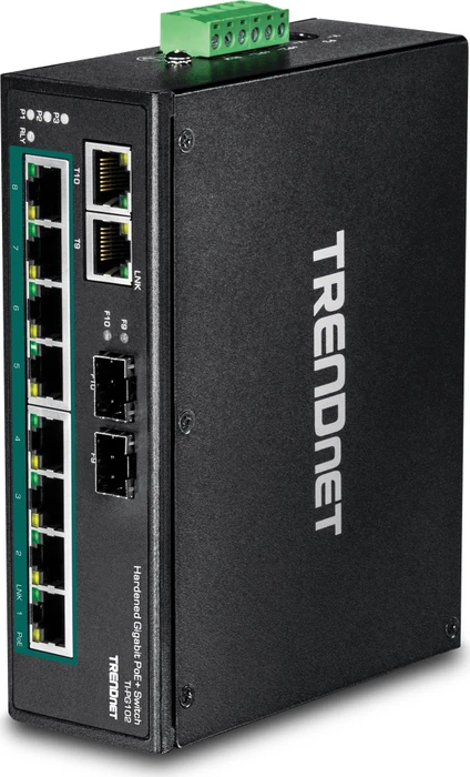 TRENDnet TI Hardened Industrial Railmount Gigabit Switch, 8x RJ-45, 2x RJ-45/SFP, 240W PoE+