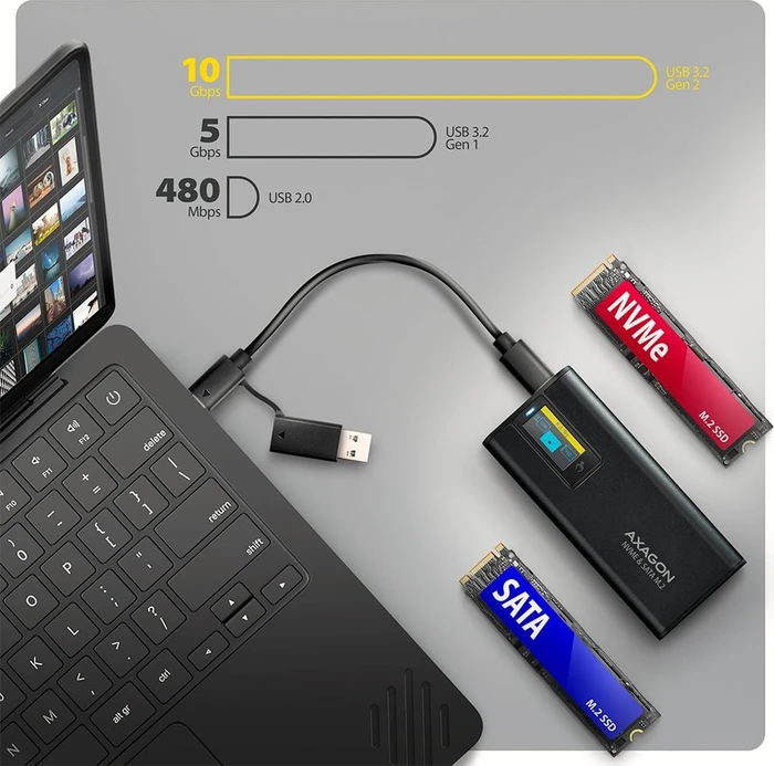 Axagon M.2 Festplattengehäuse, M.2 PCIe, Display Box, USB-C 3.1